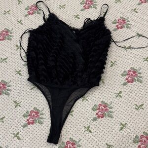 Astr Black Textured Lace-Trim Bodysuit